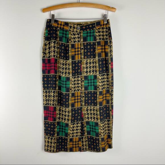 Vintage blue tan wool bridle equestrian plaid 80s 90s midi skirt small - Picture 6 of 8